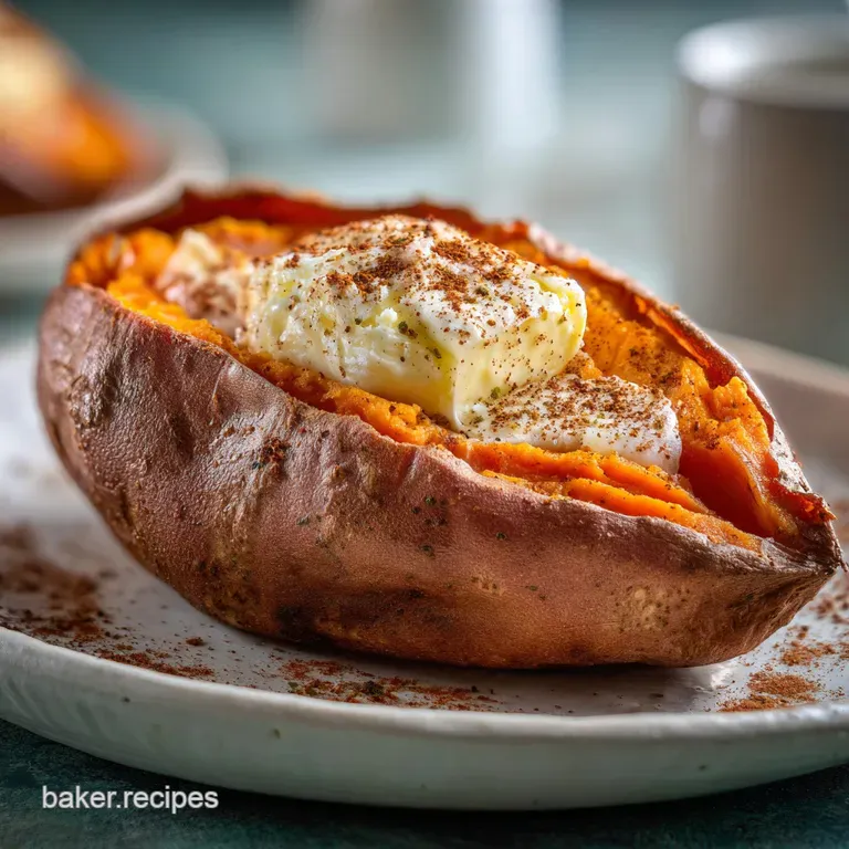 Buttery, golden sweet potato half topped with melting butter and a sprinkle of cinnamon, served on a white plate with a fork.