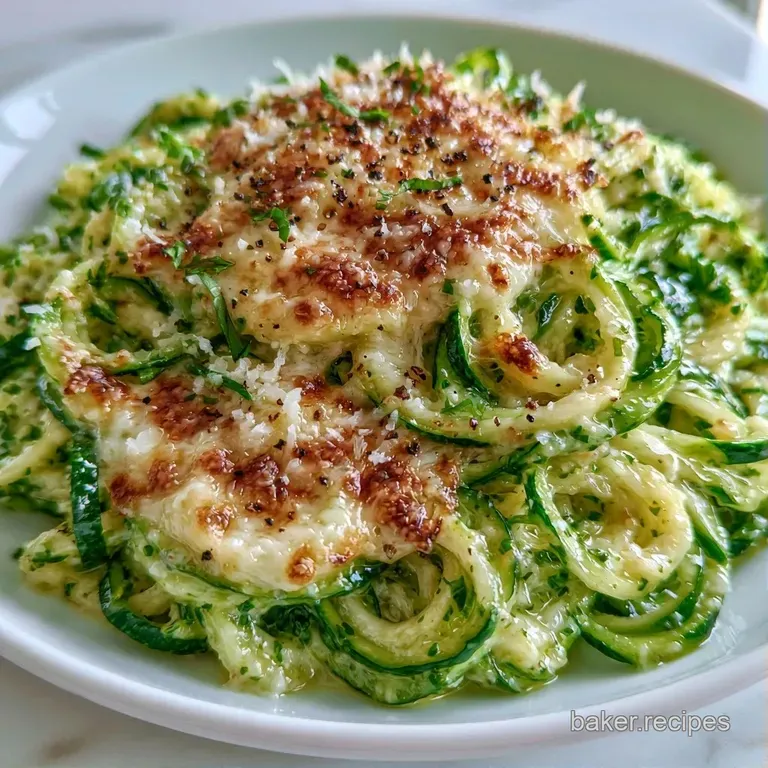 Al dente green vegetable spirals topped with melted golden cheese, served on a white plate with a sprig of parsley.