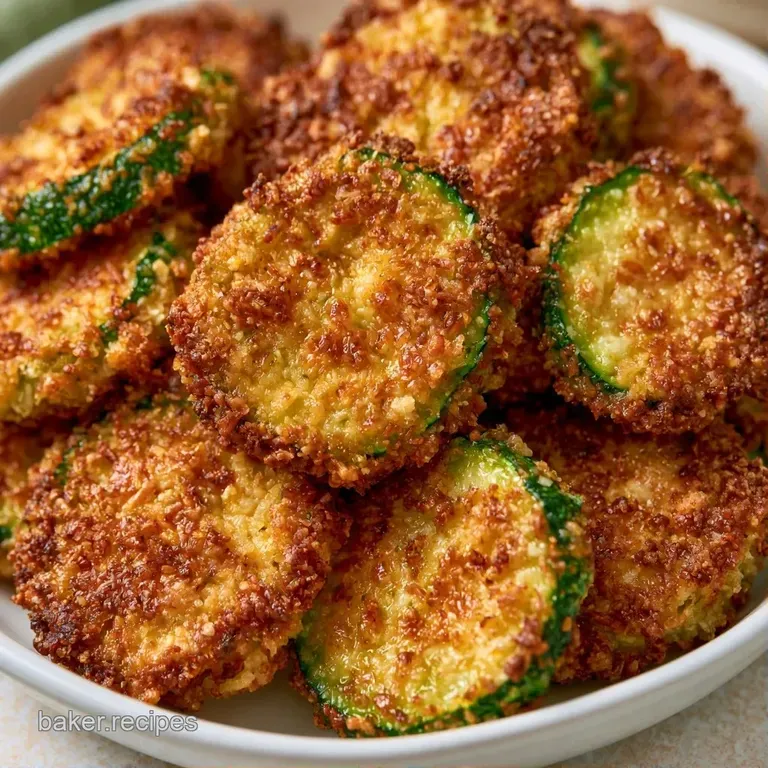 Shingled green vegetable rounds with a toasted cheese crust on a white ceramic plate garnished with parsley.