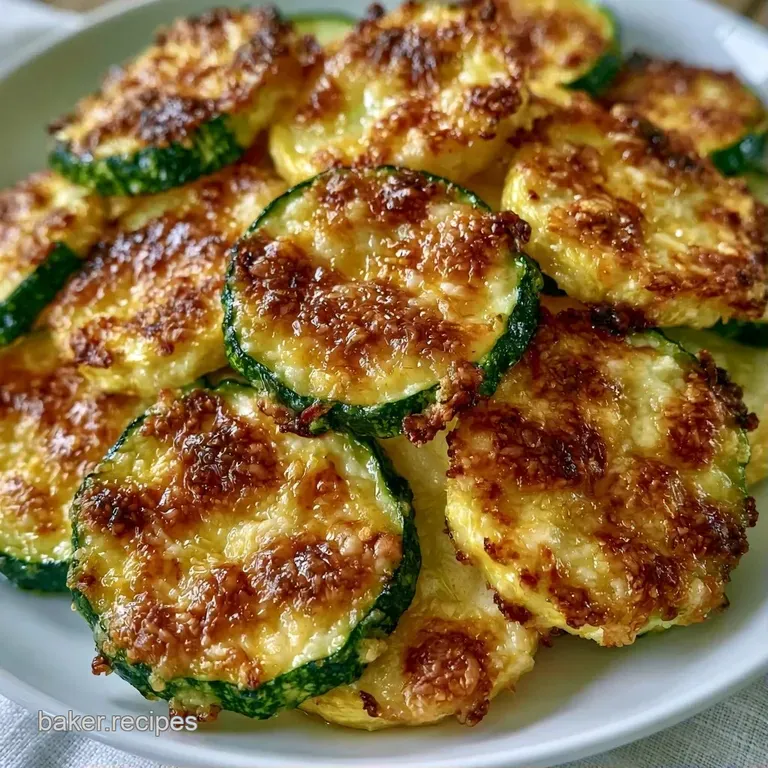 Slices of roasted green and yellow vegetables topped with bubbly toasted cheese on a white ceramic dinner plate.
