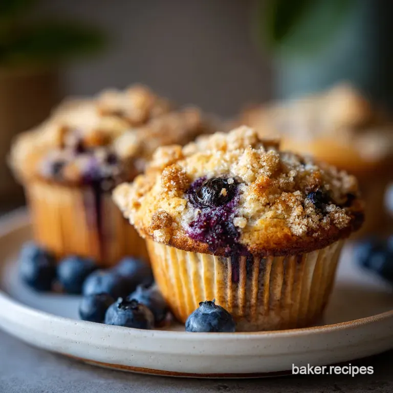 Stacked blueberry muffins on parchment paper with scattered berries. Highlights the texture and color contrast of blueberr...