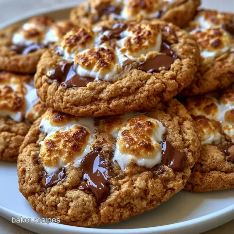Stacked golden cookies with charred marshmallow peaks on a white ceramic plate beside a glass of cold milk.