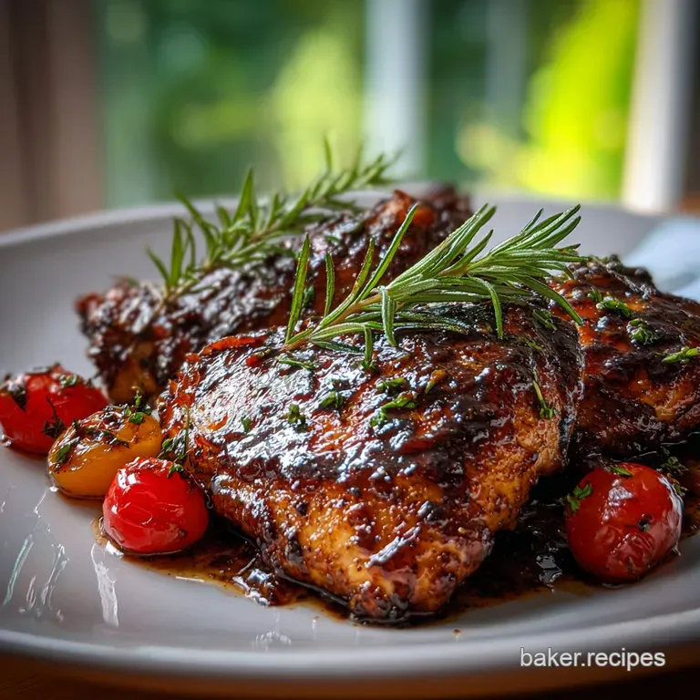 Glossy balsamic chicken resting on a bed of wilted spinach, artfully drizzled with sauce and garnished with vibrant microg...