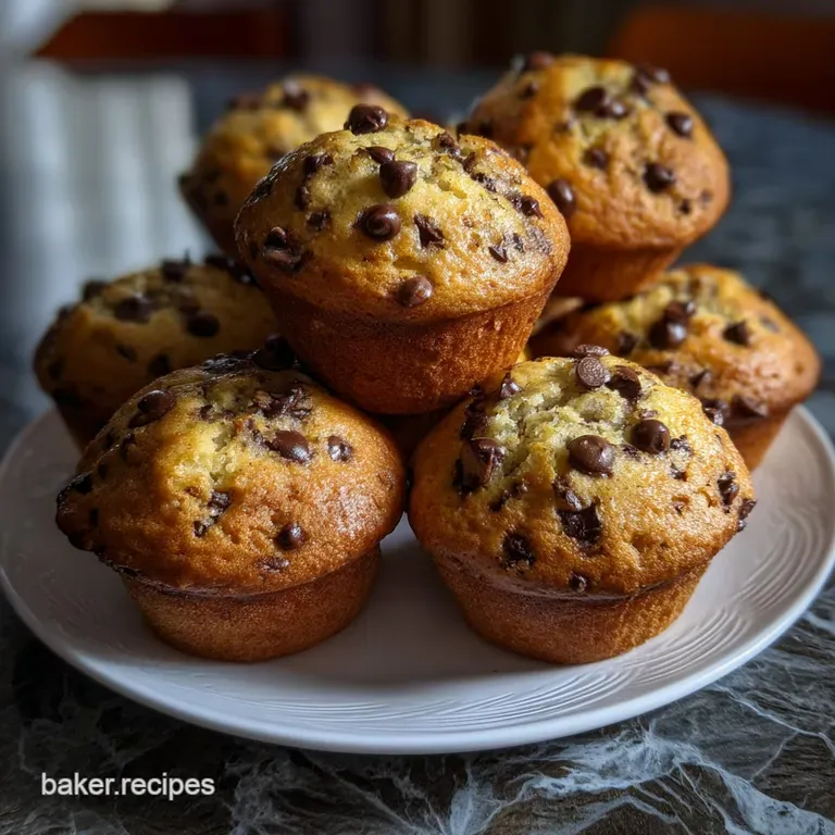 Warm, chocolate chip muffin artfully plated with a dusting of powdered sugar, served alongside fresh banana slices for con...