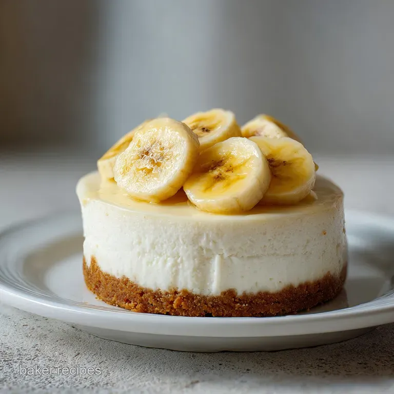 A slice of banana pudding cheesecake, showing layers of creamy custard and smooth cheesecake, garnished with a wafer.
