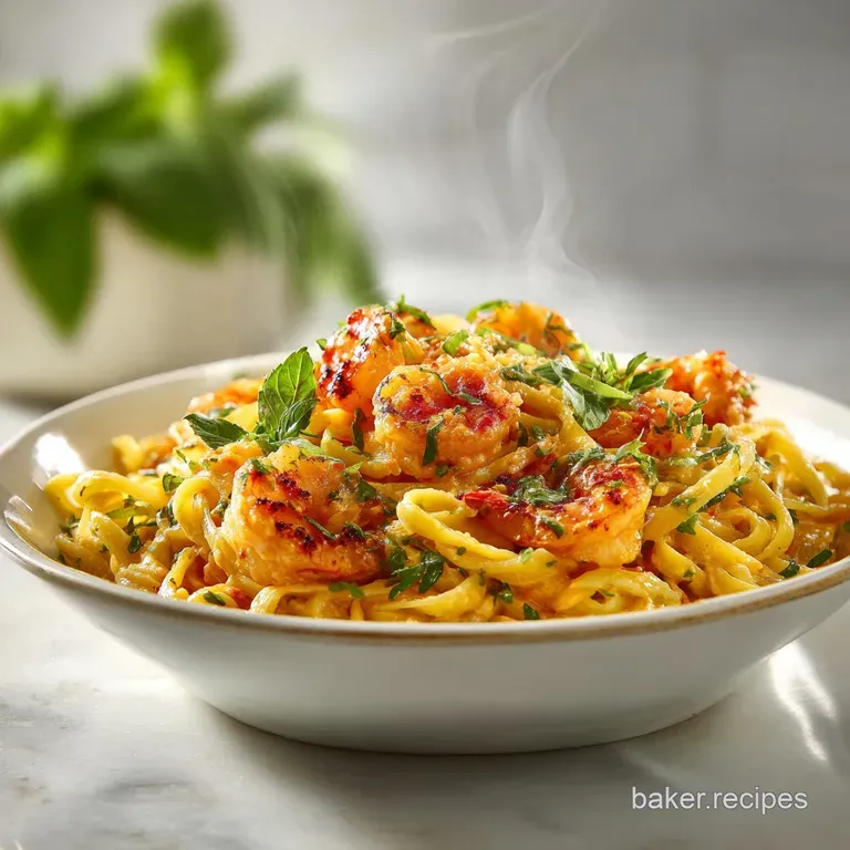 A twirled nest of saucy noodles topped with succulent shrimp and vibrant green scallions, plated elegantly on white.