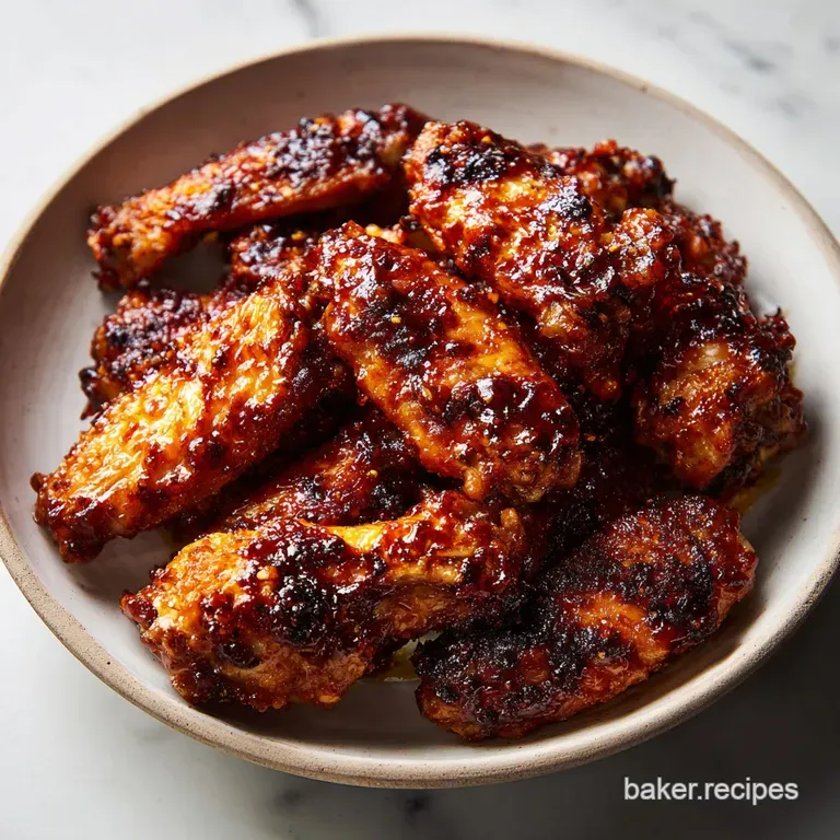 Three glistening BBQ chicken wings, artfully stacked, showing their saucy texture and charred edges on a clean white plate.