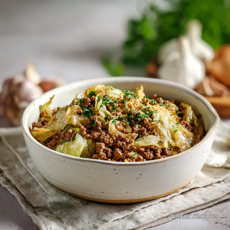 Artfully plated beef mince and cabbage with a scattering of garlic. Dark brown beef with emerald cabbage, white plate, sim...