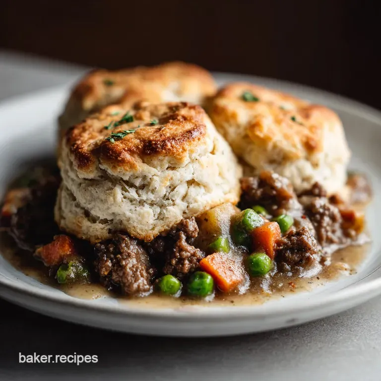 Individual pot pie, biscuit slightly ajar revealing steaming savory beef. Parsley garnish adds a pop of fresh green agains...