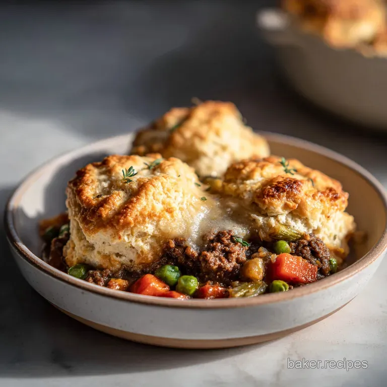 Ground Beef Pot Pie with Biscuits and Vegetables