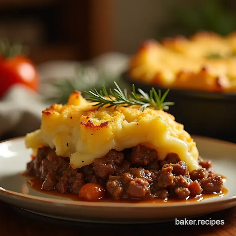 The Proper Job Cottage Pie with Rosemary Garlic Crushed Potato Topping presentation