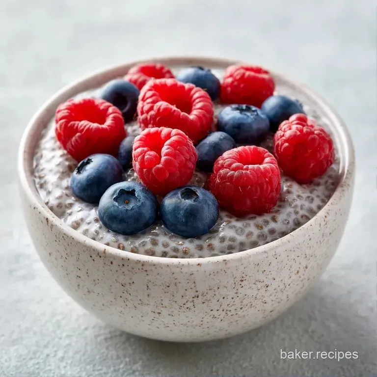Layered white chia pudding and bright red fruit in a crystal glass, topped with mint and fresh raspberries.