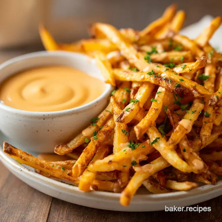 Fry sauce in a small ramekin next to golden crispy fries; the creamy, light-pink sauce contrasts with the fries' crunchy t...