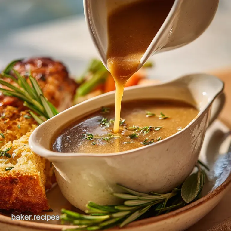 Creamy, golden-brown gravy cascading over sliced turkey on a plate. A comforting Thanksgiving feast visual.