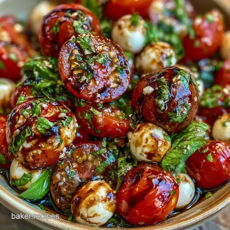 Elegant rows of red tomatoes and white mozzarella balls on skewers, drizzled with thick, glossy balsamic glaze.