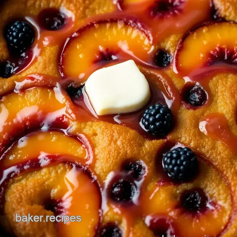 Blackberry Peach Skillet Cornmeal Cake with Brown Butter Icing presentation