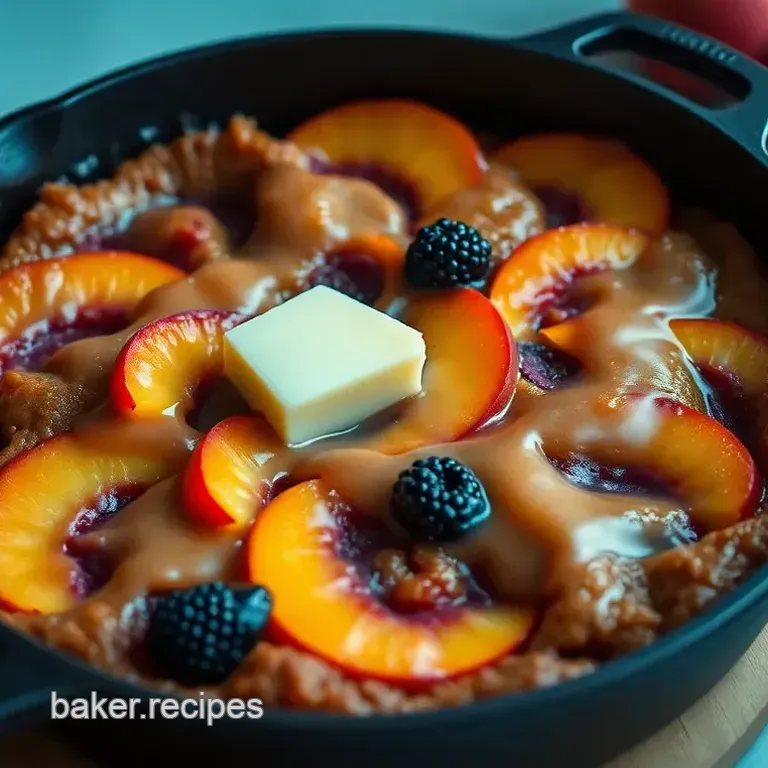 Blackberry Peach Skillet Cornmeal Cake with Brown Butter Icing