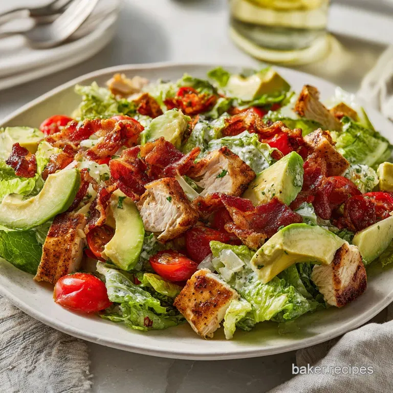 Elegant plate featuring a scoop of chunky chicken salad with crisp lettuce, ripe tomato slices, and creamy avocado against...