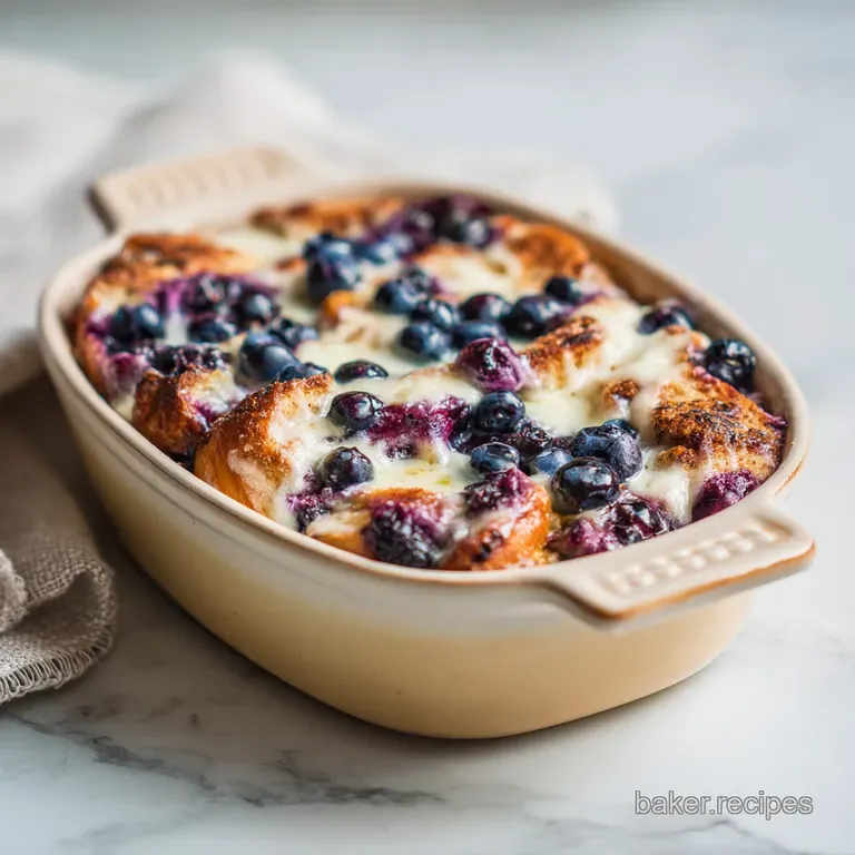 Warm slice of blueberry casserole on a white plate, topped with fresh blueberries and drizzled syrup. Inviting and delicio...