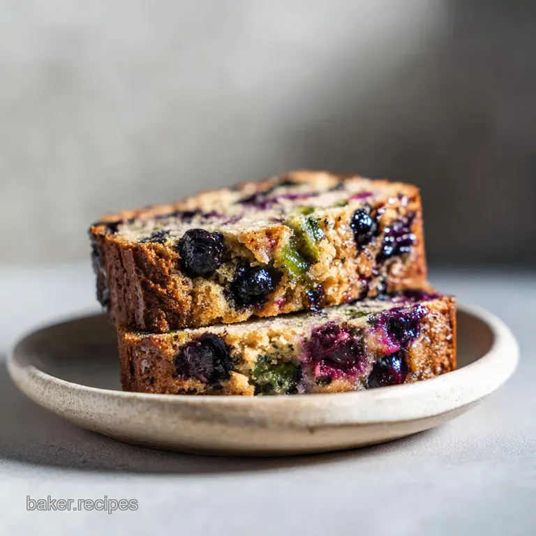 Slice of blueberry zucchini bread on a white plate, crumbs scattered, with visible steam showing off the bread's moisture.
