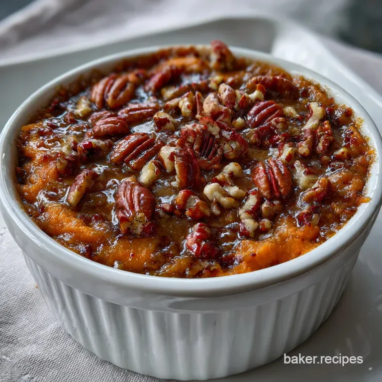 Bourbon Sweet Potato Casserole with Rich Pecan Topping presentation