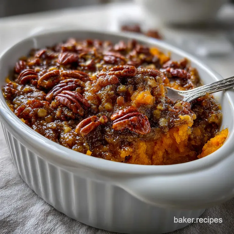 Bourbon sweet potato casserole with rich pecan topping