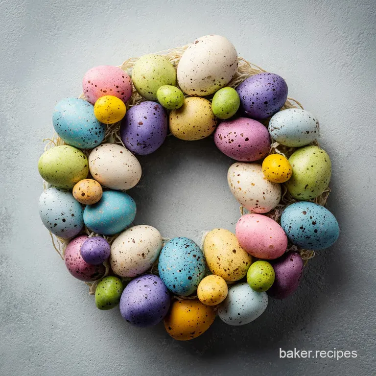 A perfectly baked, glistening braided bread wreath sits invitingly on a rustic Easter-themed plate.