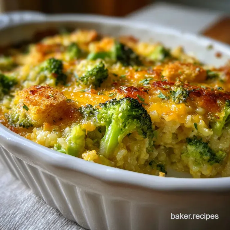 A spoonful of rich broccoli rice casserole being served, steam rising, highlighting the creamy, cheesy, textured layers wi...