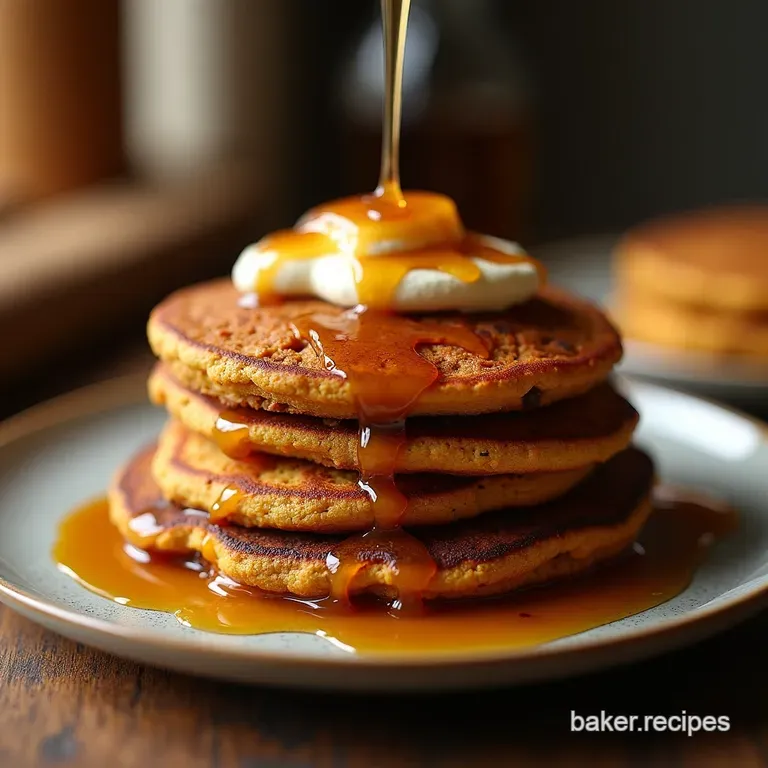 Earthy Elevated Fluffy Buckwheat Pumpkin Pancakes with Spiced Maple Drizzle presentation