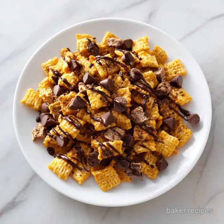 Symmetrically stacked golden treats on a white platter, garnished with a swirl of caramel and crushed candy bits