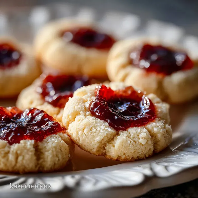 Close-up of three thumbprint cookies with glossy, jewel-toned jam filling, displayed on a white plate.