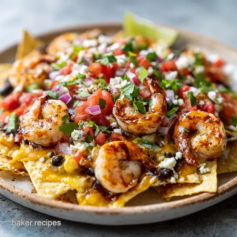 Heaping plate of shrimp nachos with creamy queso, garnished with cilantro. Shrimp stand out against melted white cheese. A...