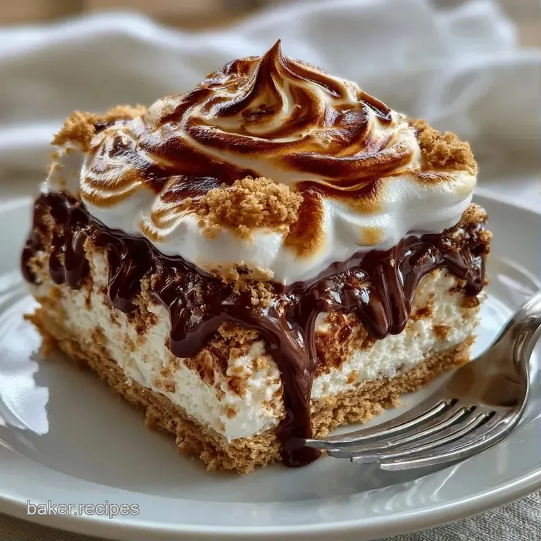 Sliced cake on a white plate, crowned with toasted marshmallow, chocolate drizzle, and golden graham crumbs
