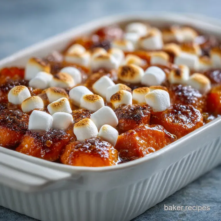 Candied sweet potatoes piled in a cream-colored bowl. Marshmallows are toasted and slightly melted, atop the glazed sweet ...