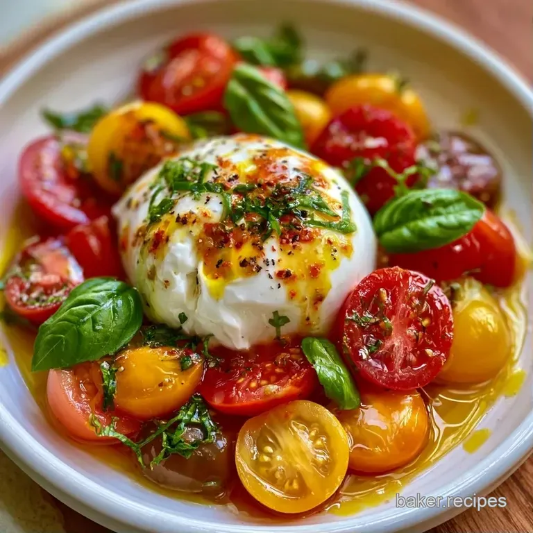 Vibrant red tomatoes and fresh basil leaves encircling a soft, creamy white cheese ball on a minimalist white plate.