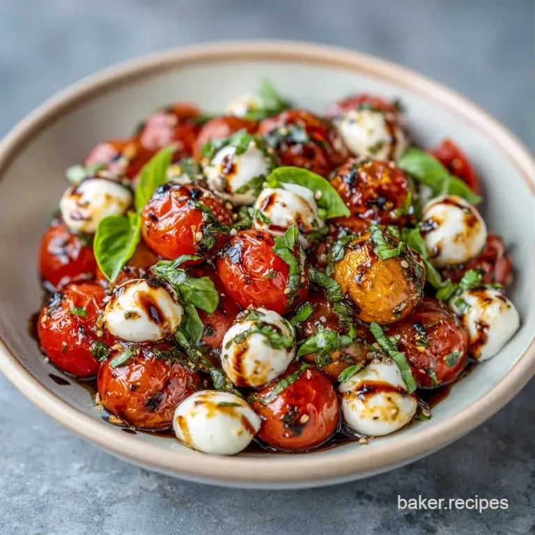 A white platter of red, white, and green appetizers drizzled with a thick, glossy, dark syrupy balsamic glaze.