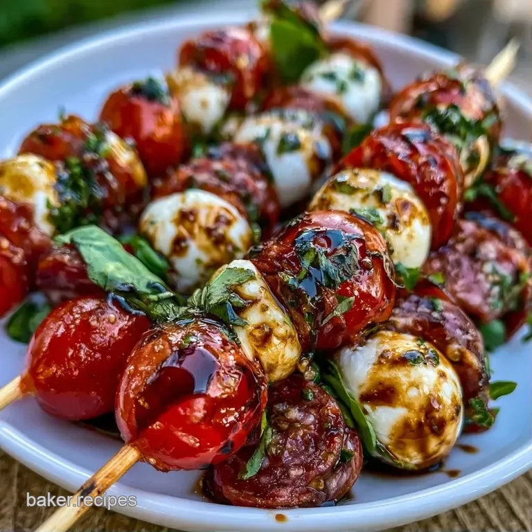Elegant arrangement of colorful skewers on a white platter, finished with a rich, glossy balsamic glaze drizzle.