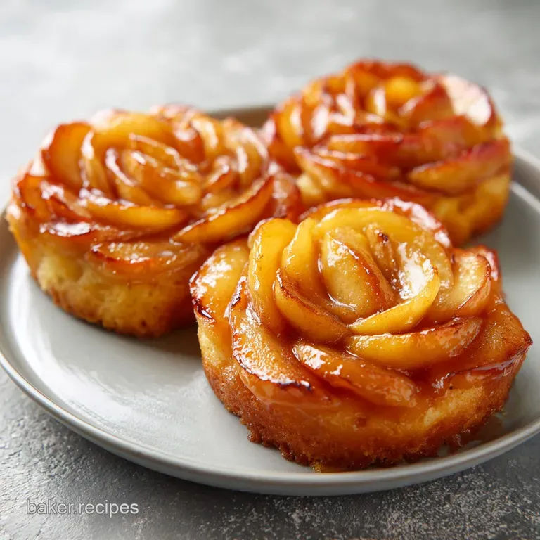 A single slice of golden cake topped with soft, glazed apples on a white ceramic plate with a drizzle of syrup.