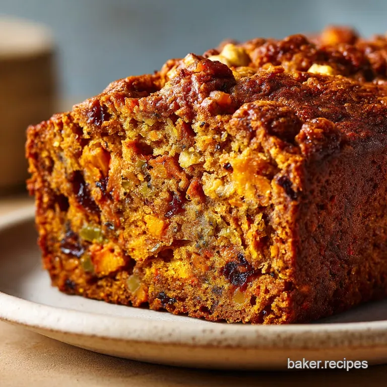 Neatly sliced loaf with visible flecks of carrot, apple, and zucchini. Side view displays a slightly crusty exterior.