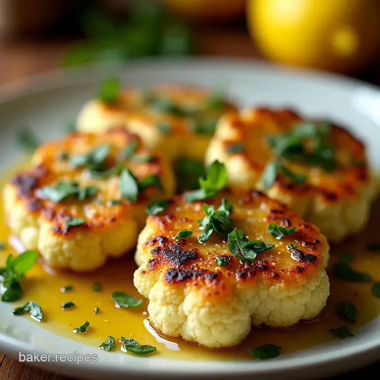 Charred Cauliflower Steaks with Lemonherb Drizzle presentation