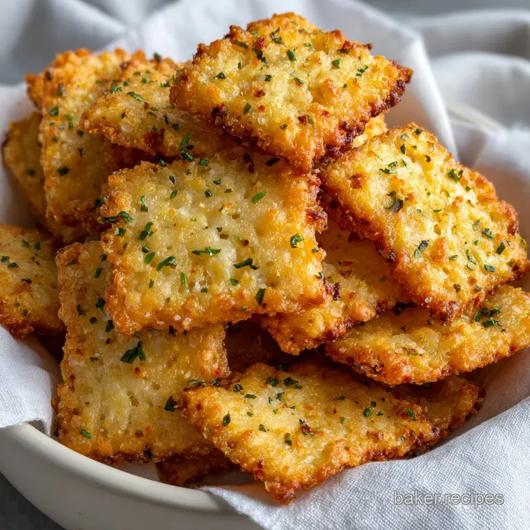 Stack of crisp cheese crackers on a rustic wooden board, with rosemary sprigs, suggesting a savory snack.