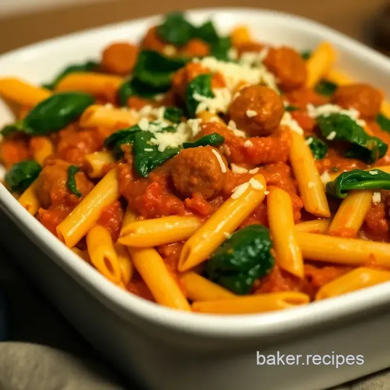 Cheesy Italian Sausage and Spinach Pasta Bake presentation
