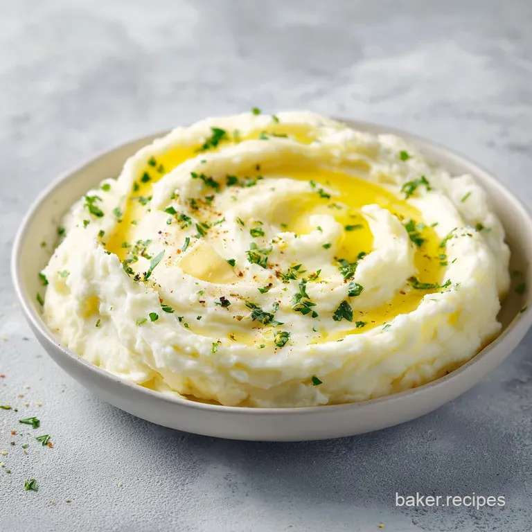 Velvety, creamy potatoes swirled on a white ceramic plate, topped with a pat of melting butter and fresh parsley.