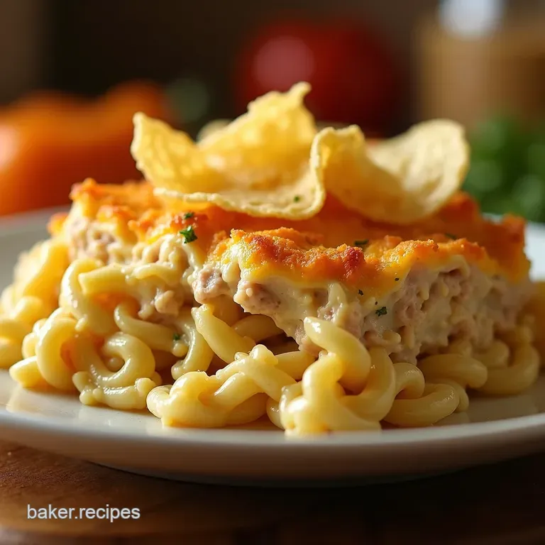 The Proper Cheesy Tuna Noodle Bake Nostalgia with a Crunchy Potato Chip Crown presentation