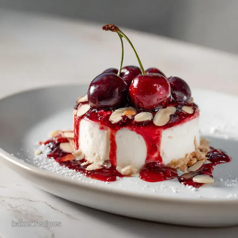 Elegant parfait glass filled with layered cherry cheesecake fluff, topped with whipped cream, a cherry, and graham cracker...
