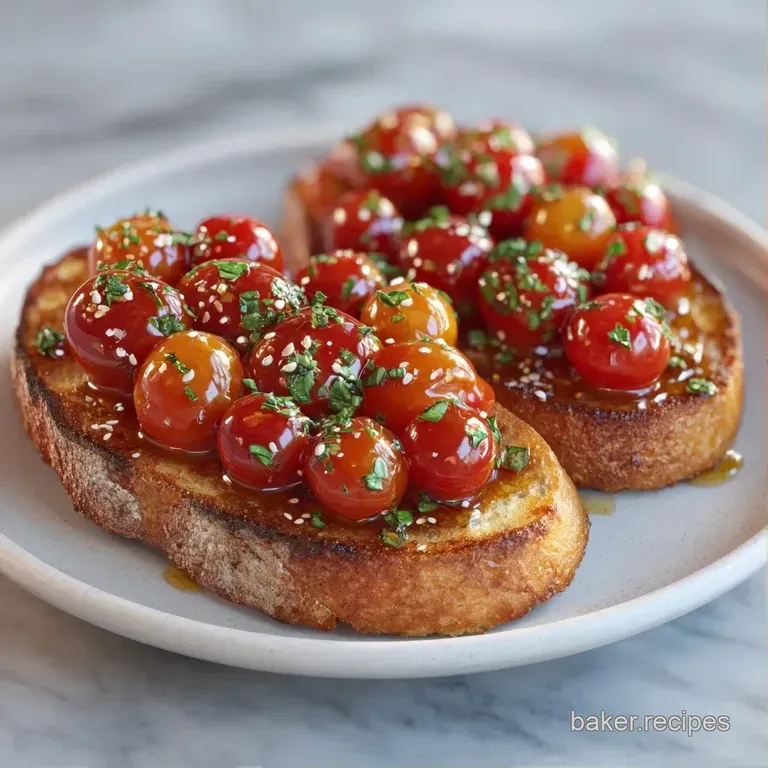 Crisp toasted baguette rounds topped with diced red tomatoes and basil, arranged neatly on a white ceramic platter.
