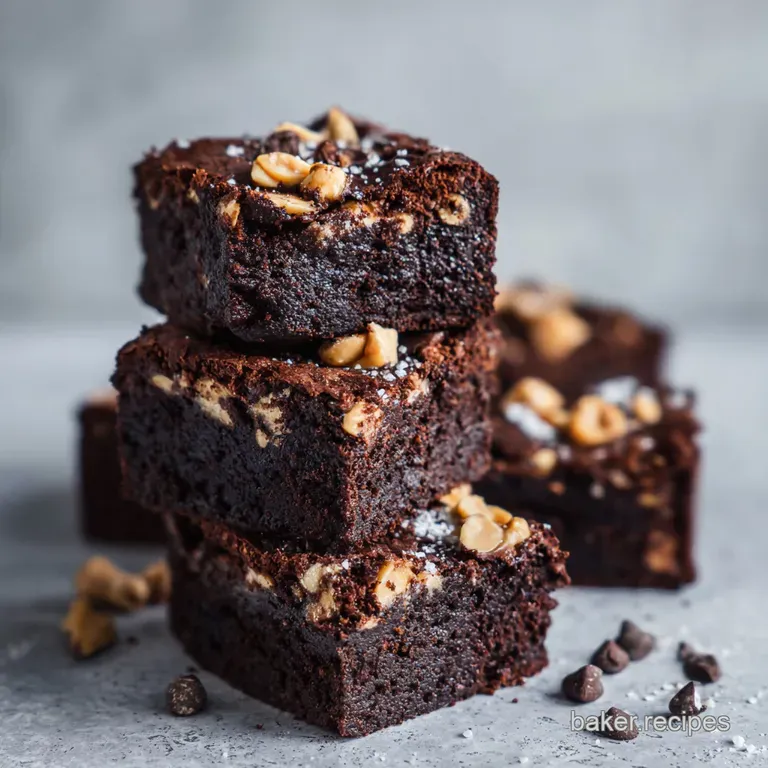 A single peanut butter brownie, cut square, reveals a moist, dense interior with swirls. Garnished with coarse sea salt fo...