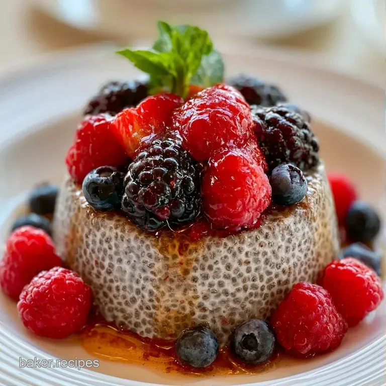 A layered glass parfait showing thick white yogurt and seeded pudding topped with a vibrant mix of fresh berries.