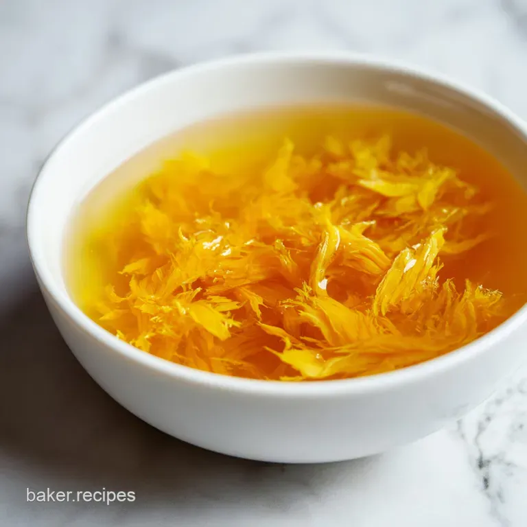 Elegant bowl of shimmering chicken broth with a glistening surface. Garnished with bright green parsley and a drizzle of g...