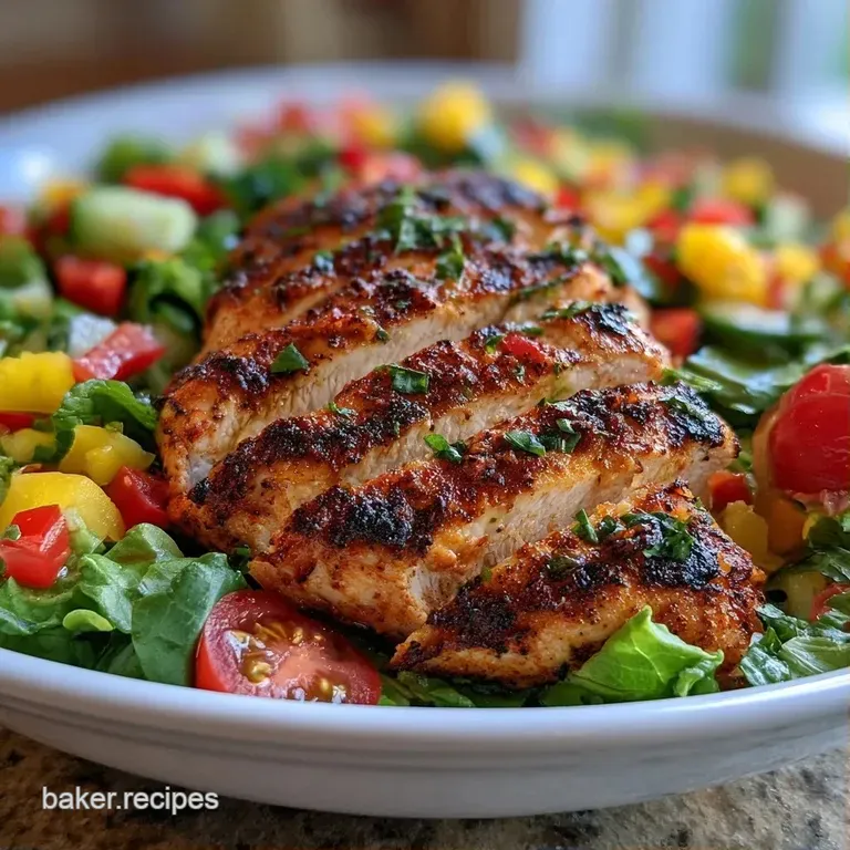 Artfully plated salad with sliced grilled chicken and crispy bacon strips over a bed of bright, crisp garden greens.